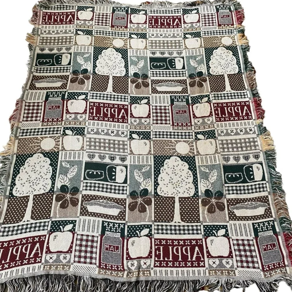 Vintage apple jacquard fringed throw blanket pie‎ jam acrylic reversible 61x47